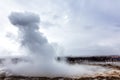 Erupting of the Great Geysir lies in Haukadalur valley