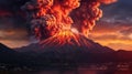 erupting mountain spews fiery ash into the sky