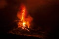 Erupting volcano, cumbre vieja, la Palma at night in December