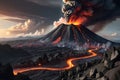 Erupting Volcano Dominating the Landscape: Plumes of Ash and Smoldering Lava Streams Carving Paths