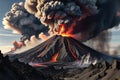Erupting Volcano Dominating the Landscape: Plumes of Ash and Smoldering Lava Streams Carving Paths