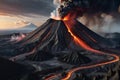 Erupting Volcano Dominating the Landscape: Plumes of Ash and Smoldering Lava Streams Carving Paths