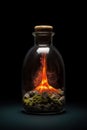 Erupting Volcano with Fiery Lava Flowing Out, Encased in a Bottle Against a Black Background. created with Generative AI