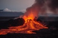 An erupting volcano, flowing, beautiful lava from a volcano at night