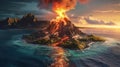 Erupting volcano on an island created with Generative AI. Lava flowing out of the volcano.