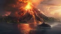 Erupting volcano on an island created with Generative AI. Lava flowing out of the volcano.