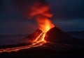 Erupting volcano at night with flowing lava and bright orange glow Royalty Free Stock Photo