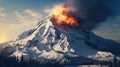 An erupting volcano out of a snowy mountain