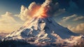 An erupting volcano out of a snowy mountain