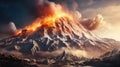 An erupting volcano out of a snowy mountain