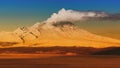 Eruption crater active volcano on Kamchatka Peninsula, winter volcano landscape at sunrise