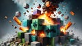 Eruption of Minecraft world. Exploding Minecraft colorful cubes paint and splashes. Generative AI