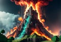 Eruption of Minecraft world. Exploding Minecraft colorful cubes paint and splashes. Generative AI
