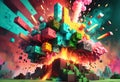 Eruption of Minecraft world. Exploding Minecraft colorful cubes paint and splashes. Generative AI