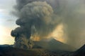 Eruption of Mount Bromo at sunset .