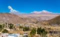 Eruption of Sabancaya volcano above Chivay in Peru