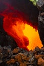 Eruption of Volcano Tolbachik, boiling magma flowing through lava tubes under the layer of solid lava, Kamchatka Peninsula, Russia