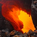 Eruption of Volcano Tolbachik, boiling magma flowing through lava tubes under the layer of solid lava, Kamchatka Peninsula, Russia