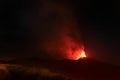 Panoramica del vulcano di Sicilia: Etna in eruzione durante la notte con sfondo il cielo stellato