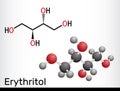 Erythritol molecule. It is sugar alcohol or polyol, food additive, sugar substitute, E968, Is found in algae, fungi, lichens.