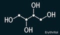 Erythritol molecule. It is sugar alcohol or polyol, food additive, sugar substitute, E968, Is found in algae, fungi, lichens.