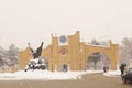 Erzurum in Turkey. Ataturk University gate. During a ice storm, snowfall, snow Royalty Free Stock Photo