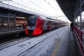 ES2G Lastochka passenger train in Botanichesky sad MCC station of Moscow, Russia.