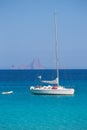 Es Vedra background with sailboat from Formentera