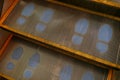 Escalator with blue footprint screen on step Royalty Free Stock Photo