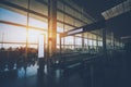 Escalator moving down in airport terminal hall Royalty Free Stock Photo