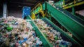 Escalator with a pile of plastic bottles at the factory for processing and recycling. PET recycling plant Royalty Free Stock Photo