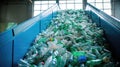 Escalator with a pile of plastic bottles at the factory for processing and recycling. PET recycling plant Royalty Free Stock Photo