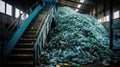 Escalator With Pile Of Plastic Bottles At Recycling Factory