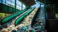 Escalator With Pile Of Plastic Bottles At Recycling Factory