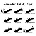 Escalator Stairways Safety Tips Precaution Measures. Black Sign Diagram Depicting Dos and Don`ts on Moving Stairs