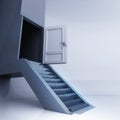 Escalator stairs with open door in conceptual space Royalty Free Stock Photo