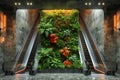 An escalator with various plants growing on its steps, handrail, and surrounding areas Royalty Free Stock Photo