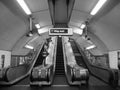 escalators in London subway, black and white Royalty Free Stock Photo