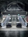 escalators in the subway in Stockholm (text in red: not up - text in green: up)