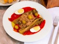 Escalivada with eggplant, peppers, tuna and egg