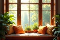 Sunlight Streaming Through a Cozy Window Seat Oasis Inviting Home Decor with Plants and Cushions Perfect for Relaxation Royalty Free Stock Photo