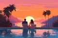 sunset travel back romantic relax swimming honeymoon couple vacation pool. Generative AI.