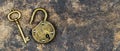 Escape room game concept, old vintage key and padlock