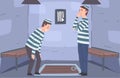 Escape Room Interior, Reality Quest with Two Men Prisoners Locked in Room and Looking for Escape Vector Illustration