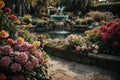 Tranquil Oasis: Beautiful and Refreshing Flower Garden with a Fountain Royalty Free Stock Photo