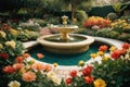 Tranquil Oasis: Beautiful and Refreshing Flower Garden with a Fountain Royalty Free Stock Photo