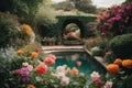 Tranquil Oasis: Beautiful and Refreshing Flower Garden with a Fountain Royalty Free Stock Photo