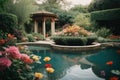 Tranquil Oasis: Beautiful and Refreshing Flower Garden with a Fountain Royalty Free Stock Photo