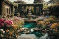 Tranquil Oasis: Beautiful and Refreshing Flower Garden with a Fountain Royalty Free Stock Photo