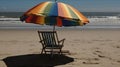 A rainbow-striped beach umbrella shading a lounge chair created with Generative AI Royalty Free Stock Photo